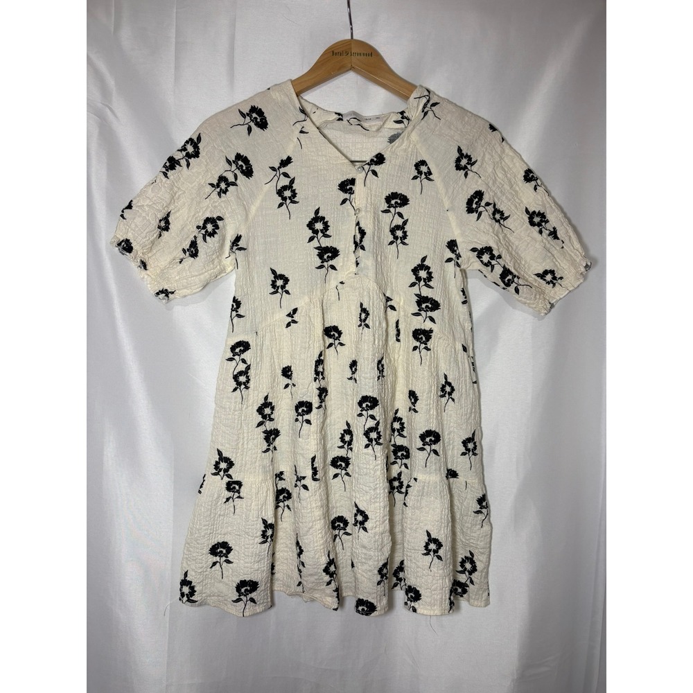 Zara Floral Tunic Top Cream Black Gauzy Tiered Babydoll Womens Small‎